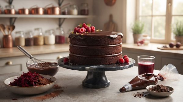 What are the Steps for a Luxurious Chocolate and Beetroot Cake with Ganache Frosting?